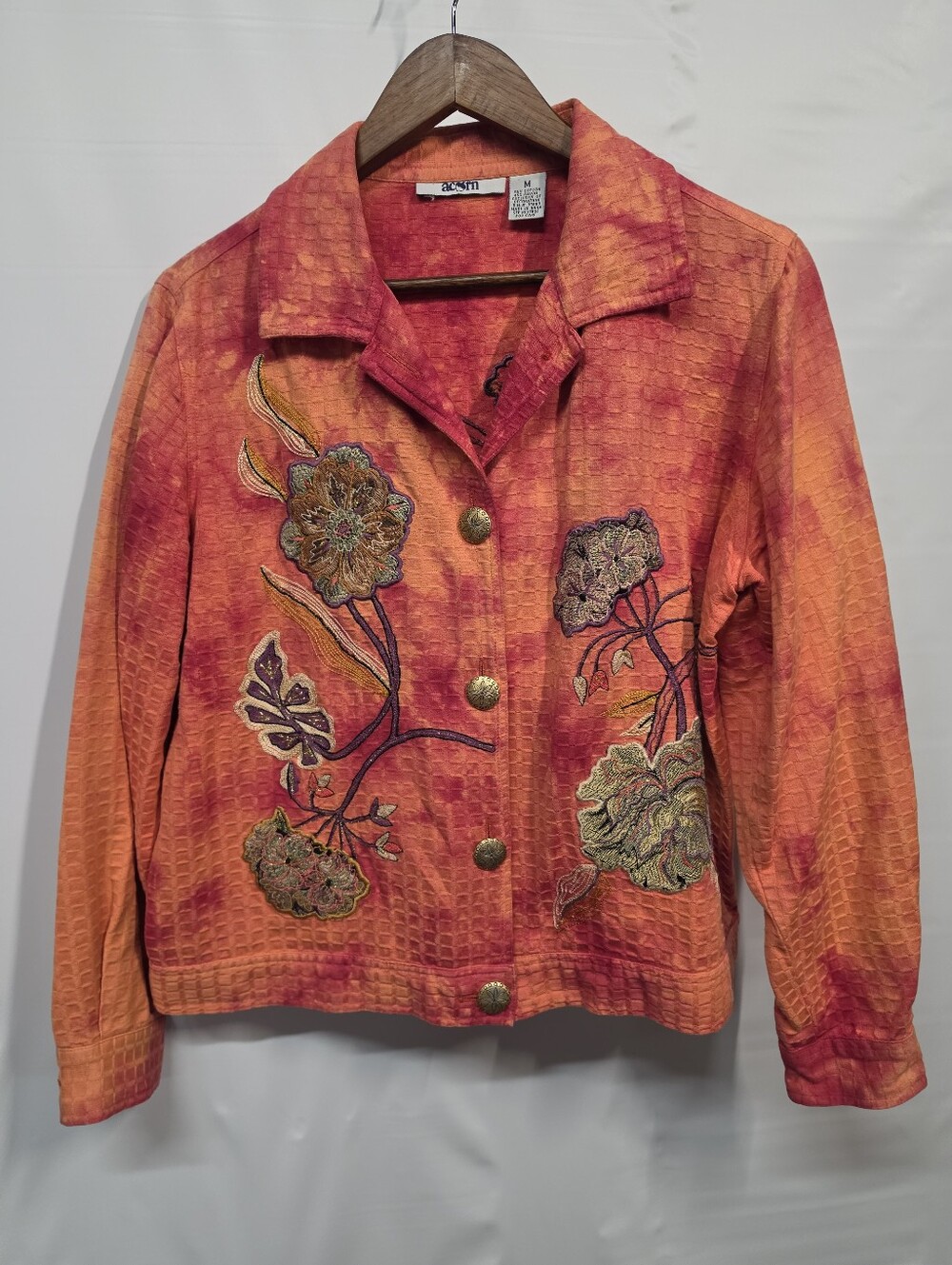 Acorn Embroidered Floral Jean Style Jacket Medium Boho Artsy Burnt Orange
